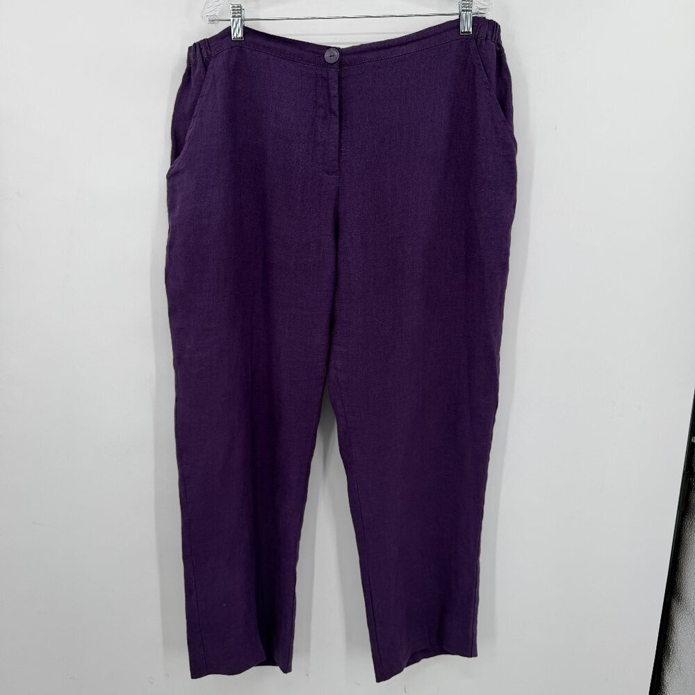 FLAX 100% Linen 2 Piece Set Purple Lagenlook Top & Pants Women's L - Picture 2 of 16